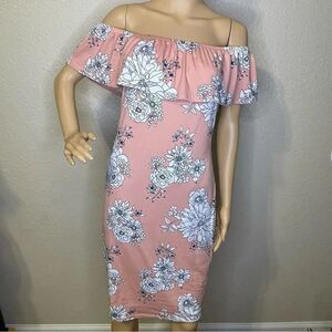 Iris Off Shoulder Ruffle Form Fitting Floral Dress Peach White Large